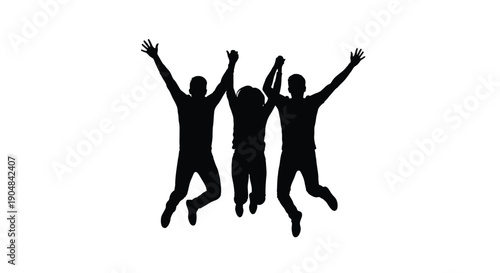 Three people joyfully jumping in the air black silhouette