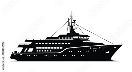 A sleek black silhouette of a large luxury yacht is depicted in a minimalist vector style illustration