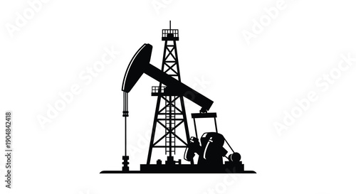 A stark black silhouette depicts an oil pump rig showcasing industrial infrastructure and energy extraction processes high quality