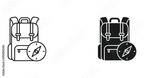 Minimalist Backpack and Compass Illustration Set in Black and White