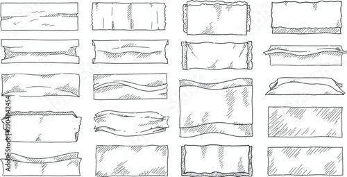 Set of hand-drawn rectangular paper textures and crumpled fabric sketches, rough pencil hatch frames and organic vintage parchment banners vector collection.