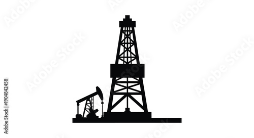 A stark black silhouette depicts an oil derrick and a pumping jack representing energy extraction infrastructure high quality