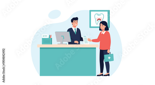 A smiling woman checking in for her dental appointment, presenting necessary documents to a friendly male receptionist