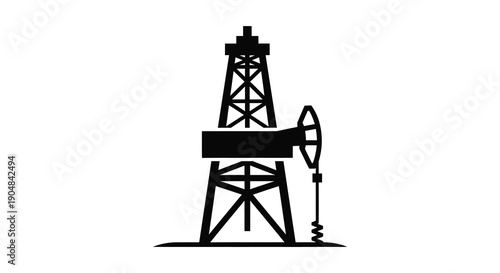 A stark black and white illustration depicts an oil derrick and pumpjack representing energy extraction high quality professional