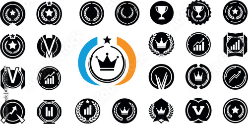 Award badges and medals icon set, victory trophy and crown symbols, heraldic laurel wreaths and quality seal badges vector collection.