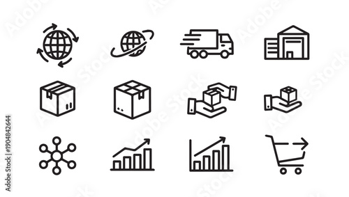 Logistics and E-commerce Icons Set: Global Delivery, Shipping, Warehouse, Analytics, Shopping Cart