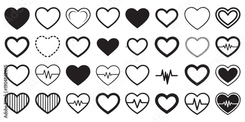 Heart and heartbeat health icons. Medical cardiology and love symbols. Outline and solid shapes. Vector art