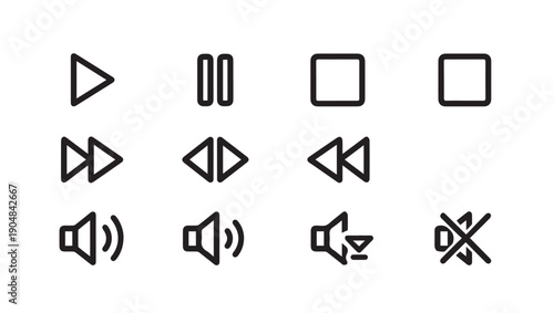 Media Player Icons: Play, Pause, Stop, Rewind, Fast Forward, Volume Controls, Mute