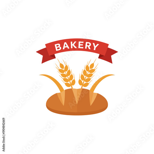 Bakery logo with bread and wheat ears, red ribbon banner.