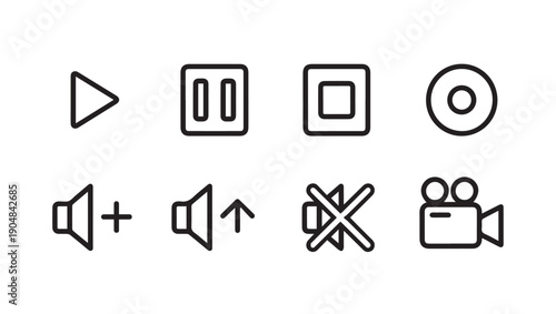 Media Player Icons Set: Play, Pause, Stop, Record, Volume Controls, Mute, Camera