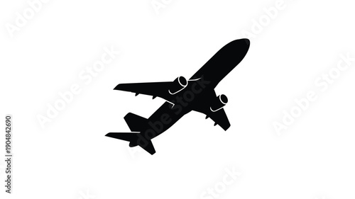 a sleek black airplane silhouette soaring against a stark white background