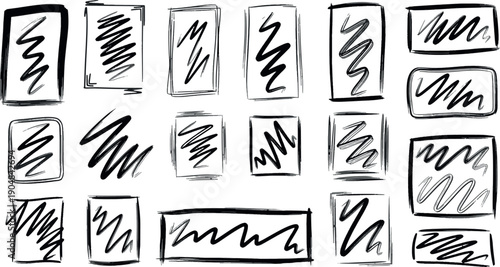 Set of hand-drawn rectangular scribbles and messy frames, rough pencil sketch boxes and organic doodle borders vector collection for design elements.