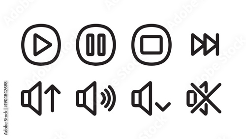 Media Player Icons Set: Play, Pause, Stop, Skip, Volume Control, Mute - Stock Vector