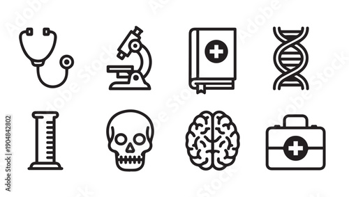 Medical Icons Set: Stethoscope, Microscope, DNA, Skull, Brain, Book, Lab Glass, First Aid Kit