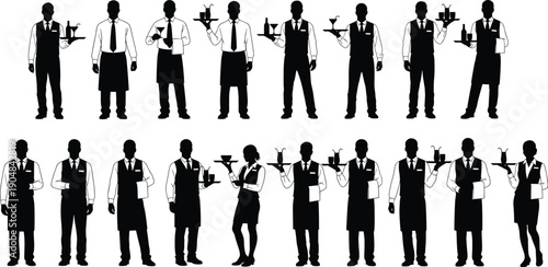 Black and white silhouettes of professional waitstaff in formal serving attire holding trays, drinks, menus, bottles, and cups, hospitality service illustration collection