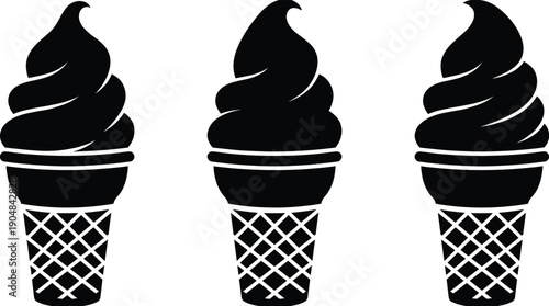 Ice cream cone silhouette icon set with swirled soft-serve tops and waffle cones symbolizing dessert, sweetness, and summer treats