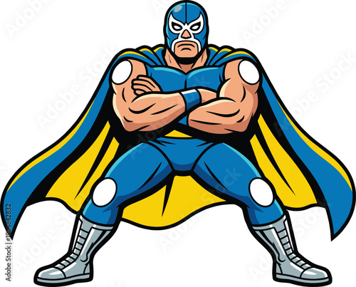 Strong cartoon superhero standing in powerful pose, muscular masked hero with cape illustration, comic style character design, bold vector isolated on white background
