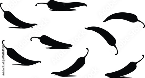 Black chili pepper silhouettes seamless pattern with shadows on white background, spicy vegetable design for textile, wallpaper, packaging, kitchen decor, culinary illustration