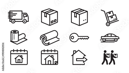 Moving Icons Set: Delivery Truck, Boxes, Key, Calendar, Car, House, People Carry Boxes