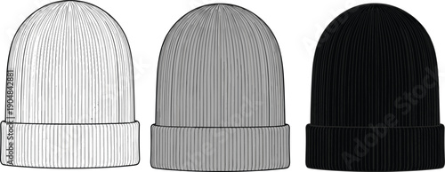 Set of Three Knitted Beanie Hats in White Grey and Black Isolated on White Background for Winter Fashion Apparel Mockup Design and Retail Clothing Display