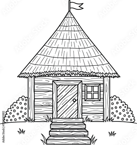 Black and white rustic wooden cottage with thatched conical roof, flag, door, window, bushes, and grass, whimsical fairy‑tale house illustration for decor and design