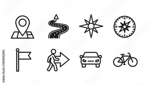 Navigation Icons Set: Location Pin, Road, Compass Rose, Flag, Pedestrian, Car, Bicycle