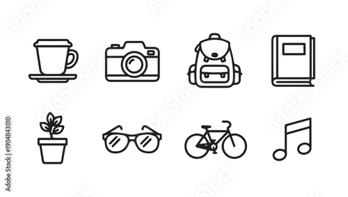 Outline Icons: Coffee, Camera, Backpack, Book, Plant, Glasses, Bicycle, Music Note