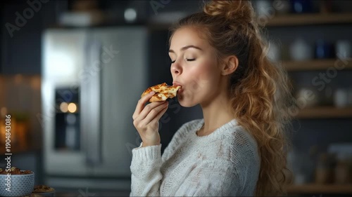 A young female experiencing midnight cravings, indulging in a satisfying comfort snack, enjoying delicious pizza at home, casual evening meal, craving fulfillment