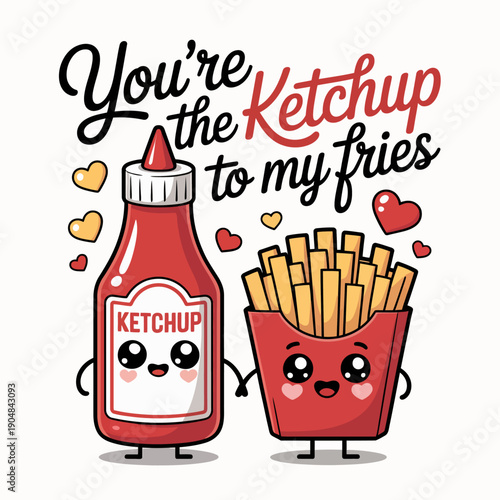 A playful illustration features a smiling ketchup bottle and a cheerful fries container.