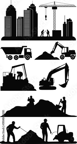 Construction site silhouettes with urban skyline and heavy machinery, crane excavator truck operations, earth moving activities, industrial building development vector illustration set