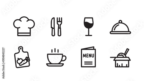Restaurant Icons Set: Chef Hat, Cutlery, Wine Glass, Cloche, Cutting Board, Coffee Cup, Menu, Food Container