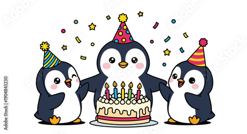 Three penguins celebrate birthday with cake and confetti