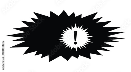 A black spiky burst shape surrounds a central white star containing an exclamation point high quality professional detailed