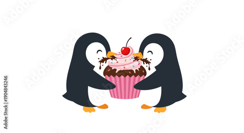 Two penguins happily share a decorated chocolate cupcake with frosting and a cherry on top.