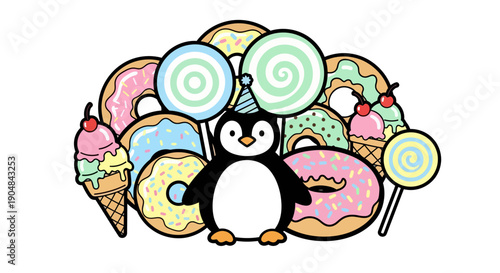 A cartoon penguin wearing a party hat stands surrounded by colorful donuts and sweet treats.