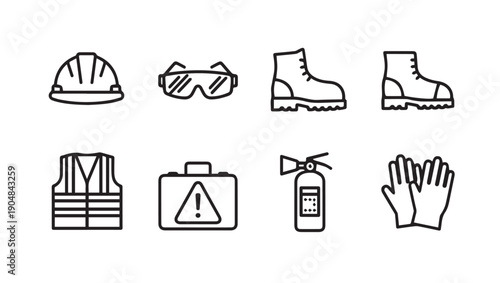 Safety Equipment Icons: Hard Hat, Goggles, Boots, Vest, First Aid, Extinguisher, Gloves