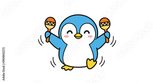A cartoon penguin dances playfully with maracas in a lively scene.