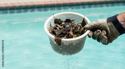 Close-up of a skimmer net basket filled with dark wet leaves being lifted from a swimming pool. Dripping water contrasts with clean light-blue pool surface, with tiled coping softly blurred behind.