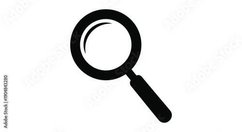 A simple black and white illustration depicts a magnifying glass angled slightly against a white background high quality