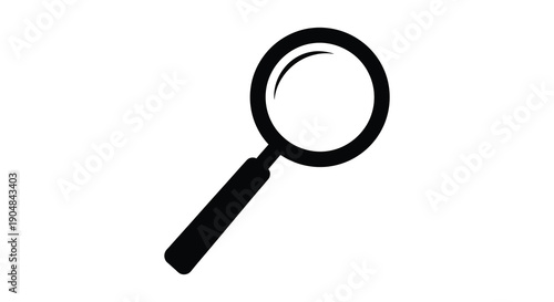 A simple black silhouette of a magnifying glass is displayed against a clean stark white background high quality