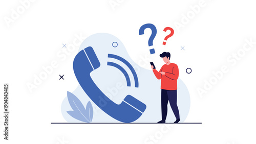Confused man looks at his smartphone while standing next to a giant telephone icon and floating question marks on a white background.