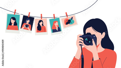 Talented female photographer takes a picture with her professional camera while her self-portraits hang on a clothesline behind her.