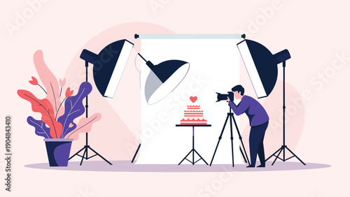 Professional photographer uses a tripod and studio lighting to take a high quality picture of a decorative cake for a food shoot.
