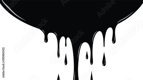 Thick black liquid substance drips down from the top against a stark white background, resembling oil or heavy industrial paint.
