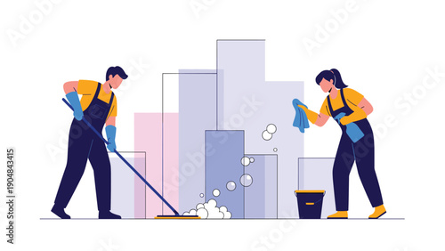Team of professional janitors work together to mop the floor and clean glass windows in a modern city office building interior.