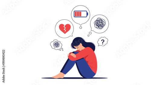 Sad woman sits on the floor with her head on her knees, surrounded by thought bubbles showing a broken heart and low battery.