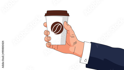 Close up view of a hand in a professional business suit holding a disposable paper coffee cup against a plain white background.