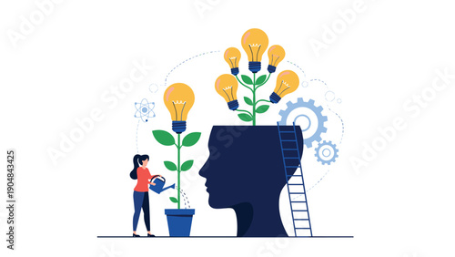 Woman uses a watering can to nurture lightbulb plants growing out of a large human head silhouette to represent creative growth.