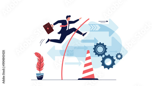 Determined businessman jumps over a traffic cone obstacle while moving forward along arrows and gears toward professional goals.