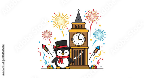 A penguin celebrates New Year's Eve with fireworks near Big Ben clock tower.